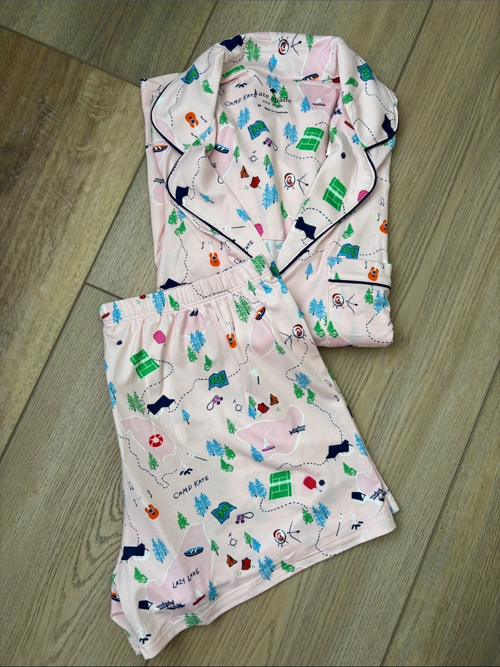 NWT Kate Spade Shortie Pajama Set Pink Summer by the Lake Camping Size L